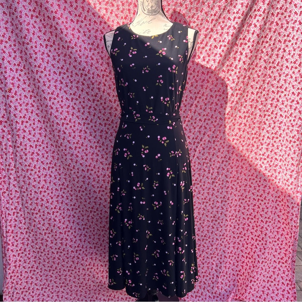 “Anne Klein” Long black dress with pink cherry prints and matching belt